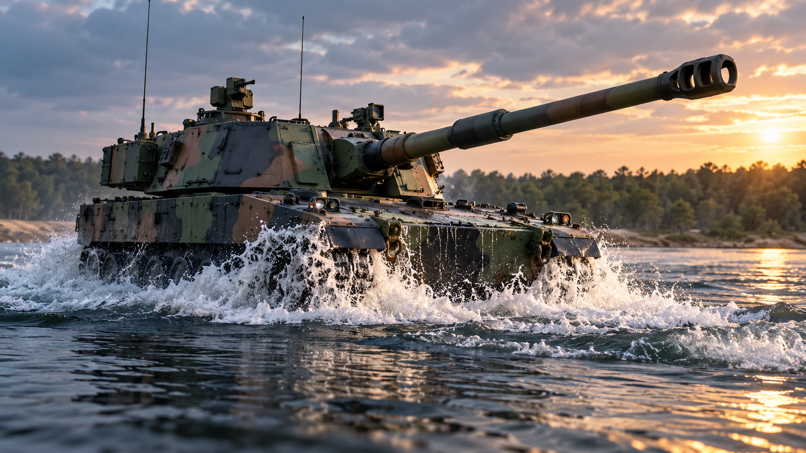 Armored tracked artillery vehicle crossing water toward the shore at sunset