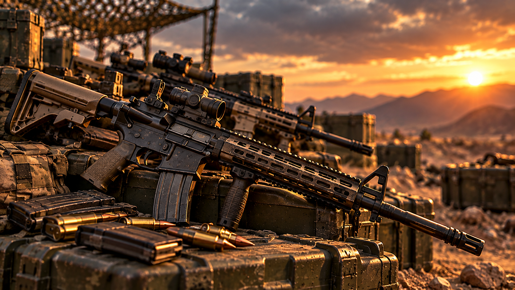 Rifle displayed on tactical field cases at sunset
